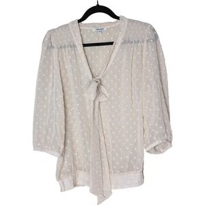 Daniel Rainn Sheer Swiss Dot Blouse M Cream Bow Tie Neck‎ Romantic Boho Workwear